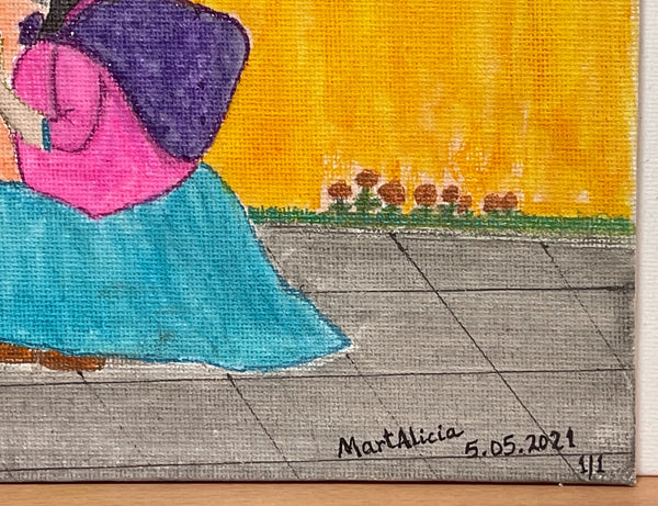 Original Watercolor Painting on Canvas Artwork "Cortando Una Flor" or “Picking Up a Flower”