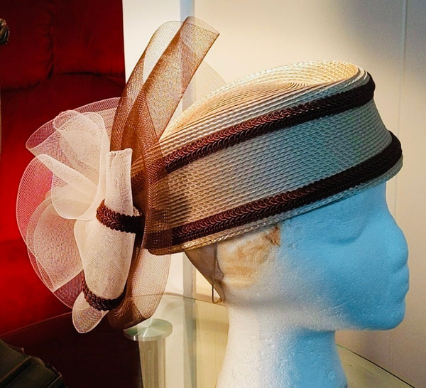 1980’s Beige and Burgundy Straw Pillbox Style Church Hat