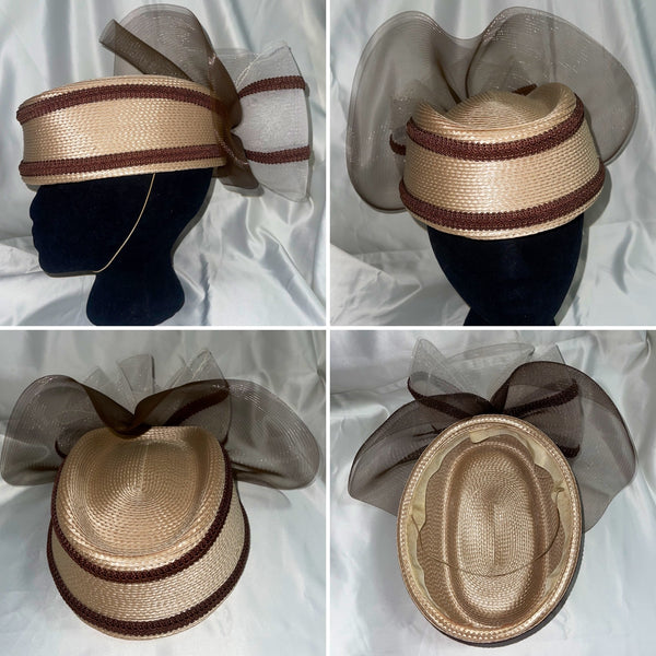 1980’s Beige and Burgundy Straw Pillbox Style Church Hat