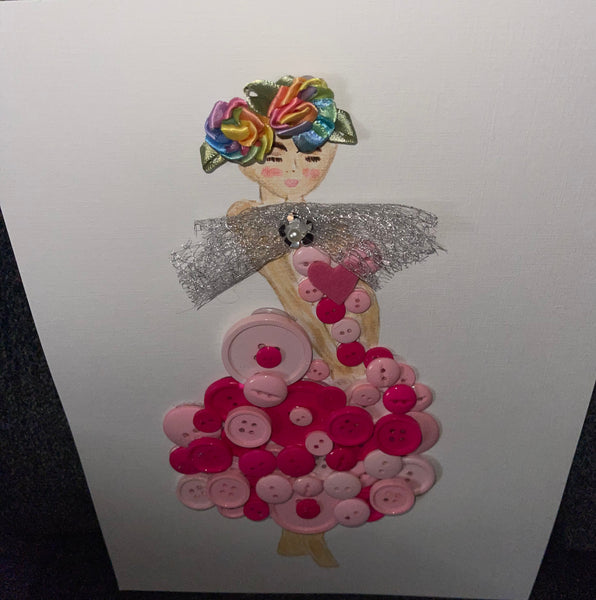 Handcrafted Paper Art Lady in Pink Buttons