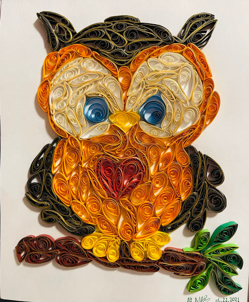 Handcrafted Quilled Paper Art Red Heart Owl