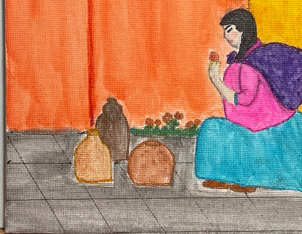 Original Watercolor Painting on Canvas Artwork "Cortando Una Flor" or “Picking Up a Flower”