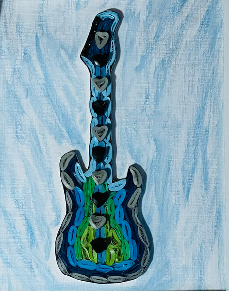 Handcrafted Quilled Paper Art Blue Electric Guitar Wall Decor