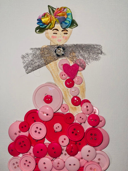 Handcrafted Paper Art Lady in Pink Buttons