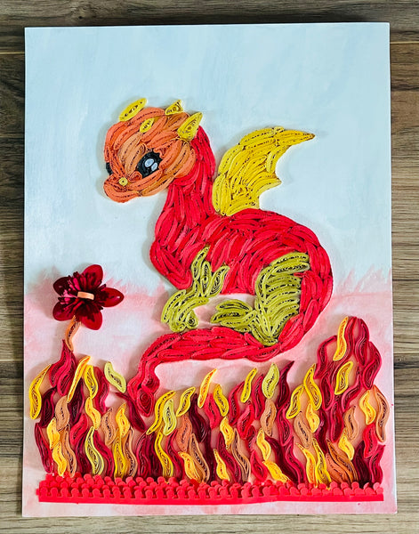 Handcrafted Quilled Paper Art Red Dragon with Golden Wings