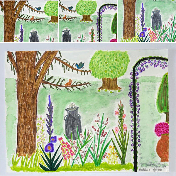 Original Watercolor Painting on Paper Artwork "Mi Jardín" or “My Garden”